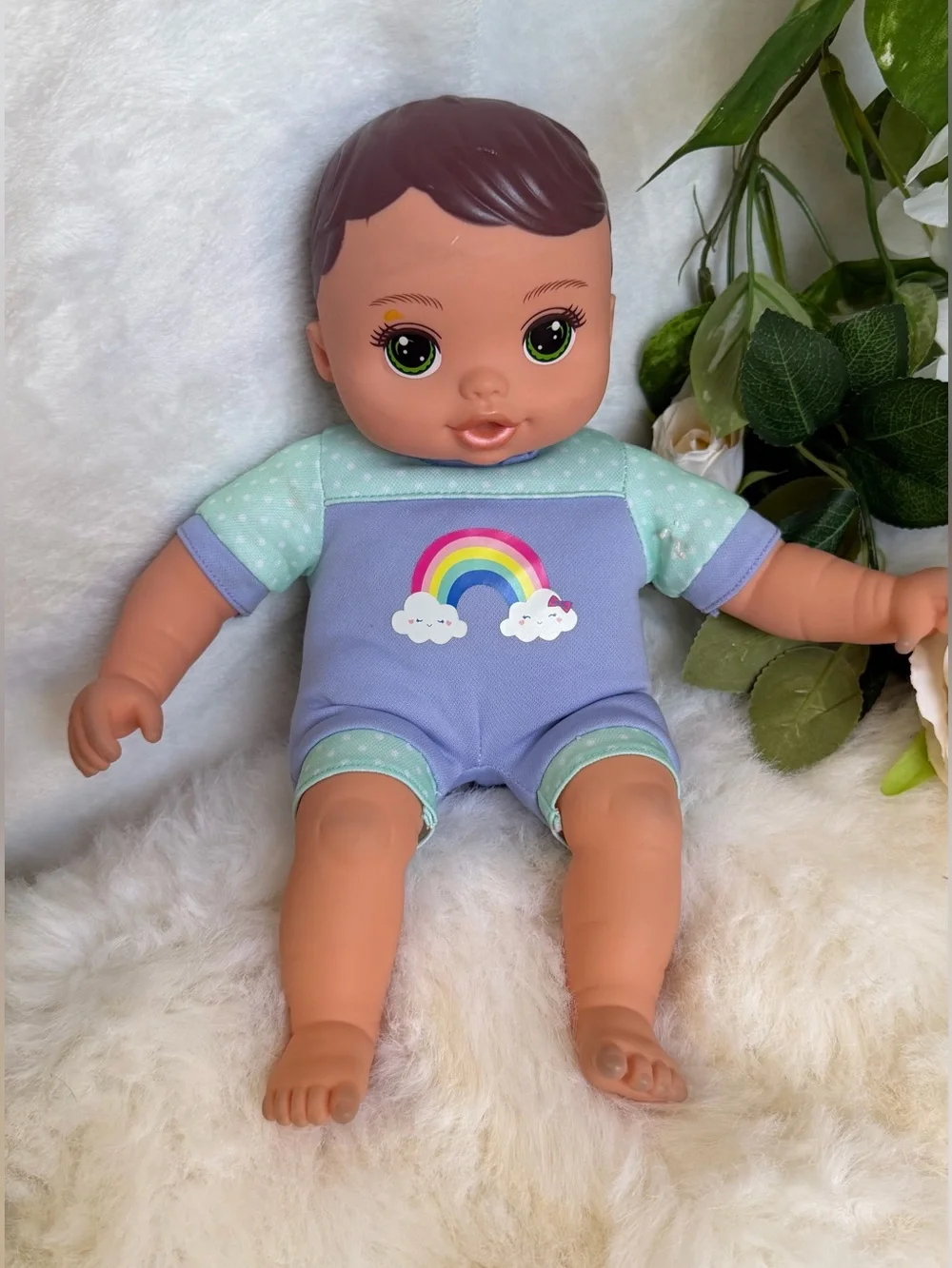 13” Baby Doll Realistic Baby Doll Rainbow Outfit Green Eyes